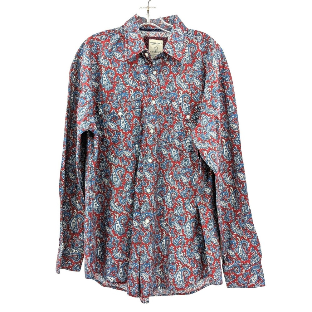 Rough Stock‎ Pearl Snap Shirt Western Paisley Red Blue Cotton XL